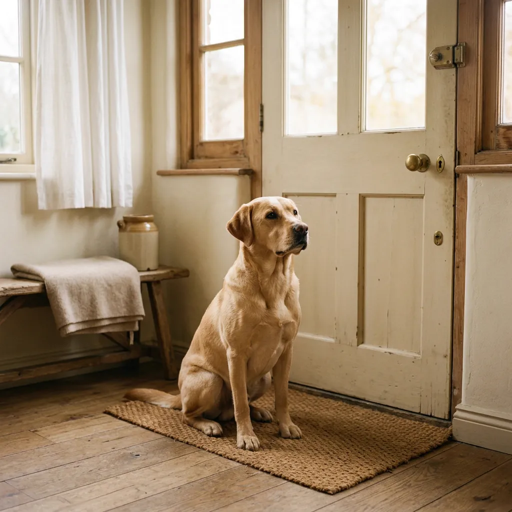 A Labrador retriever waiting attentively by a front door in warm entryway light