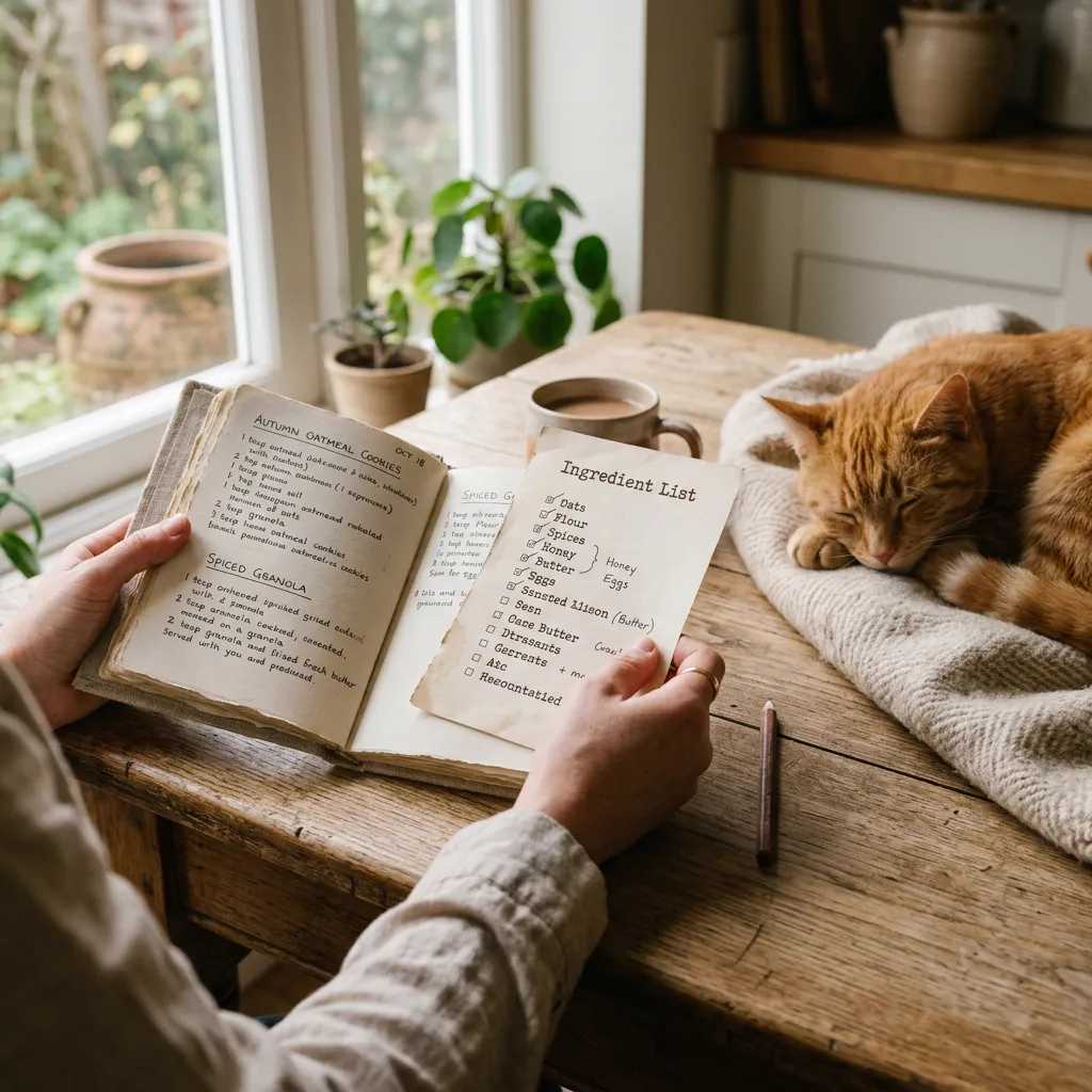 Hands holding an open notebook and an ingredient list on a wooden table, an orange tabby domestic shorthair cat resting quietly nearby