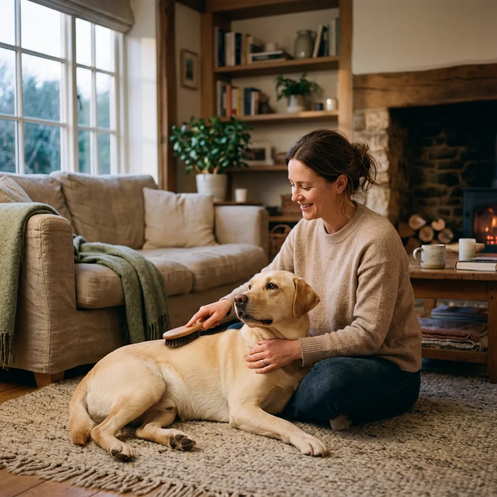 A candid, warm evening moment of a person gently brushing a Labrador retriever in a cozy living room