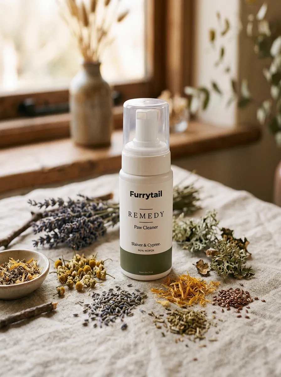 A natural pet care product bottle on a textured surface, surrounded by loose natural botanical ingredients and herbs