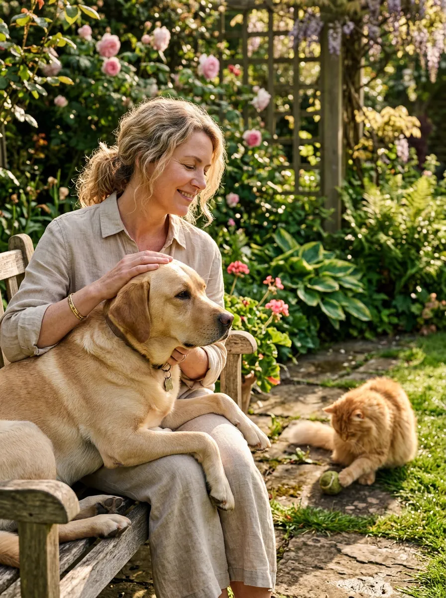 A peaceful private garden morning where an owner gently strokes an adult Yellow Labrador Retriever affectionately leaning on them, while a fluffy orange cat plays with a tennis ball nearby.