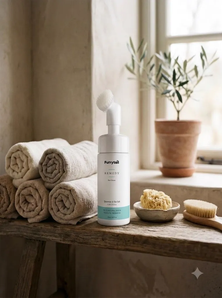 A beautifully designed pet shampoo bottle sitting naturally on a bathroom shelf beside rolled towels