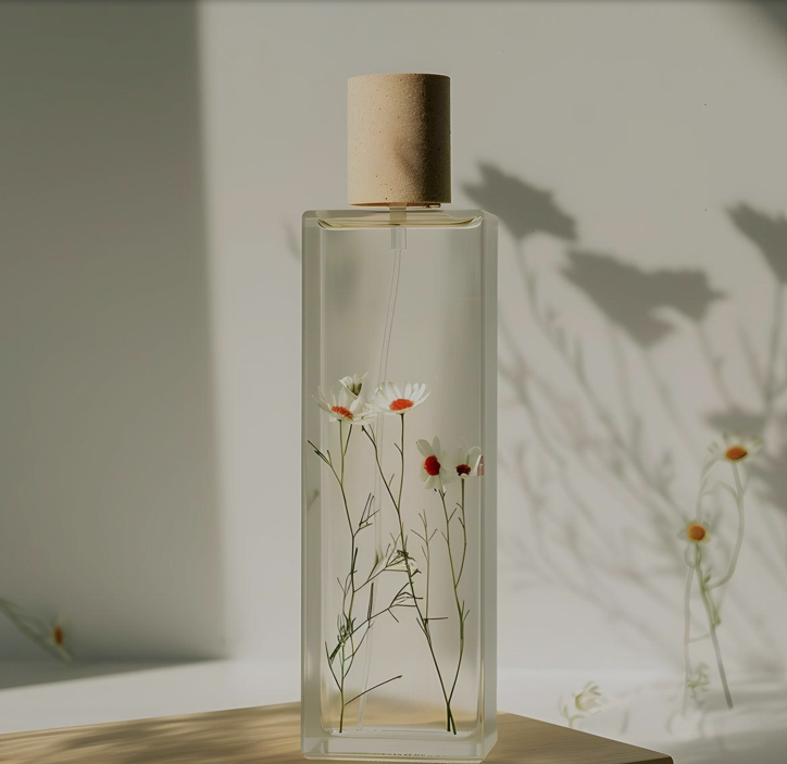 A clear bottle containing a flower