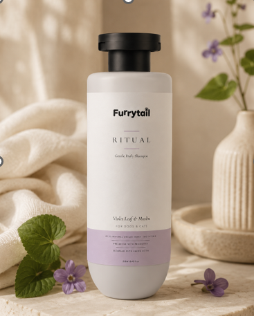 Pet shampoo bottle beside an open ingredient label and grooming essentials