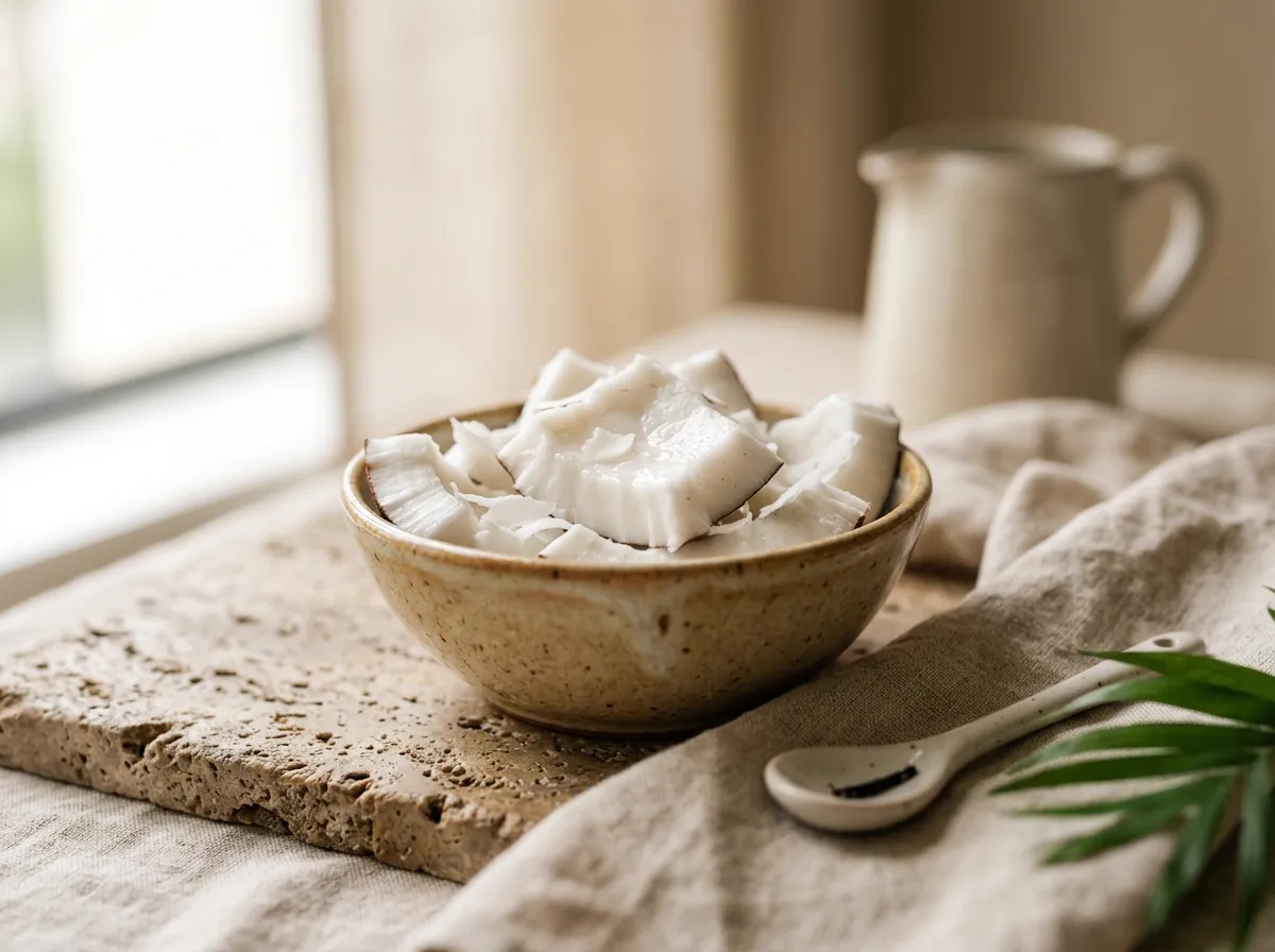 Fresh white coconut flesh and a subtle ceramic bowl