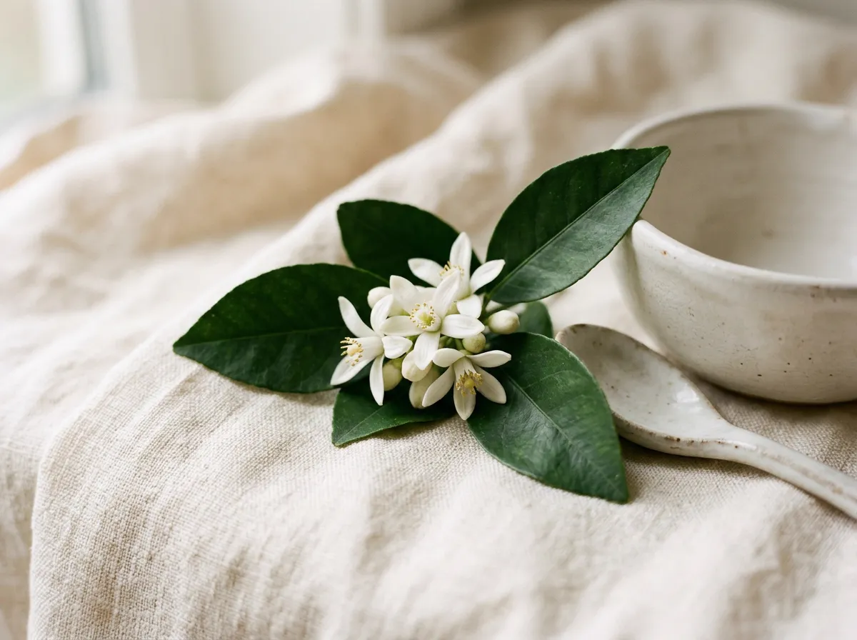 Delicate white neroli blossom flowers on warm linen