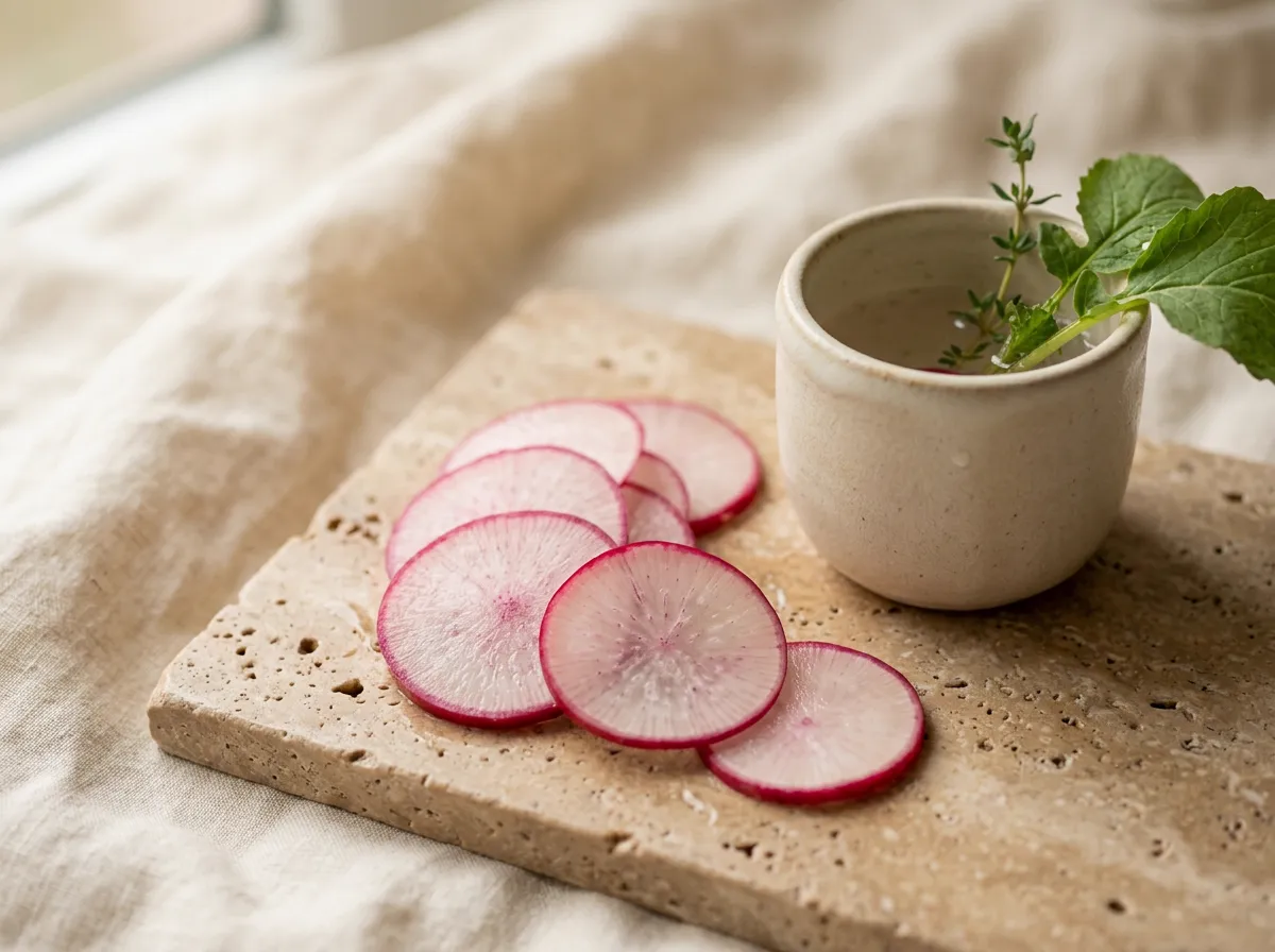 Sliced radish root next to a minimalist ceramic vessel