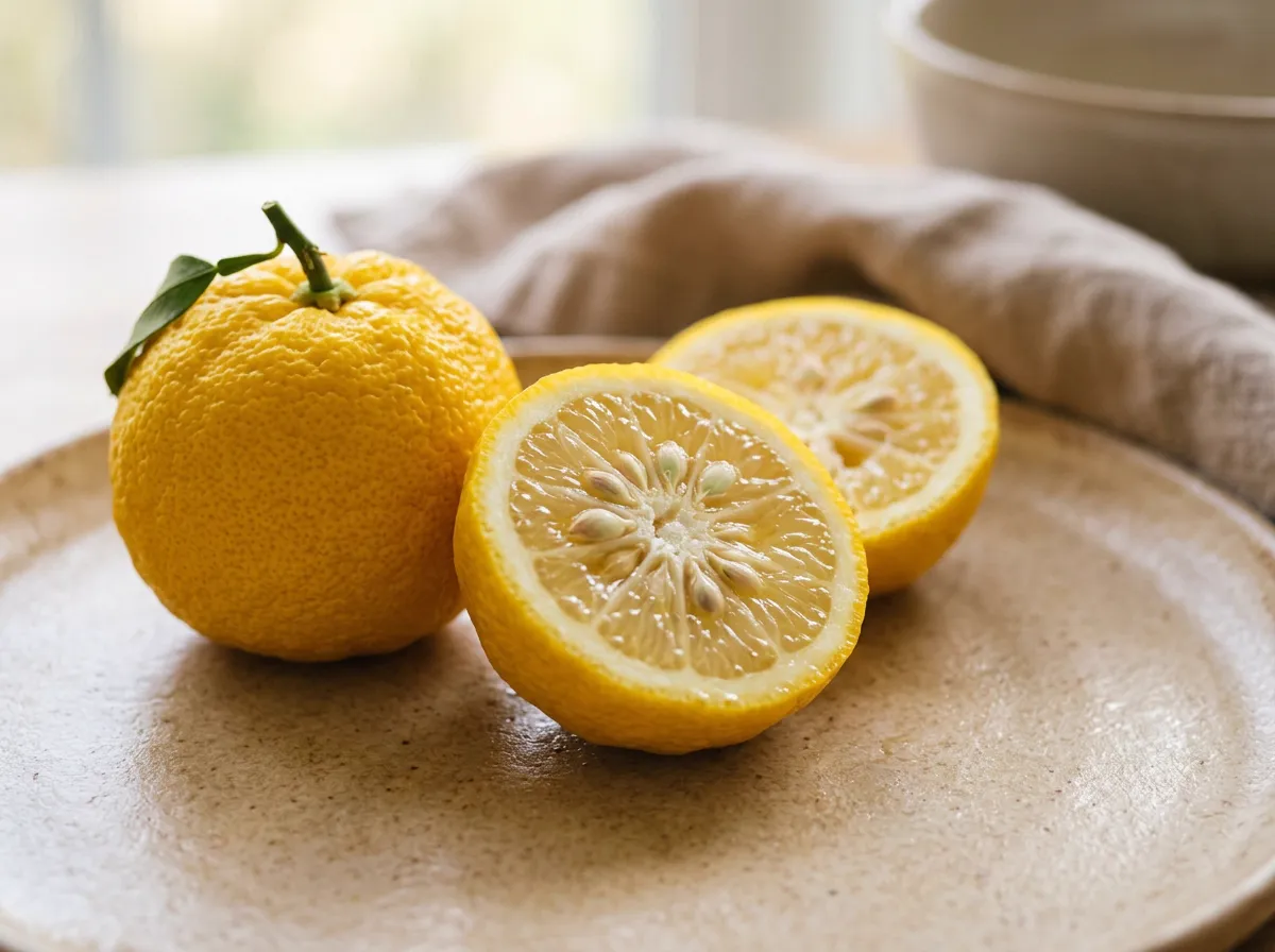 Fresh whole and sliced Yuzu fruit on warm matte ceramic