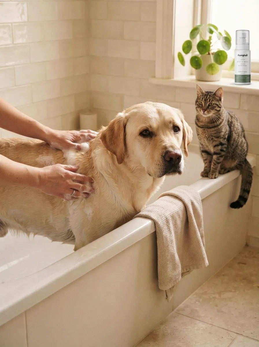 Ritual bath products arranged on a warm surface with a dog and cat